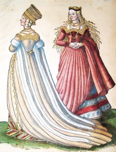 1577 verlegte der Stecher Hans Weigel ein reich illustriertes Trachtenbuch, in dem verschiedene europäische Frauentrachten beschrieben werden. Die Nürnberger Braut trägt ein cremefarbenes Kleid, das mit weißem Pelz besetzt ist. Es handelt sich um ein sehr frühes Beispiel für ein weißes Brautkleid. (Bild: Antiquariat Dasa Pahor)