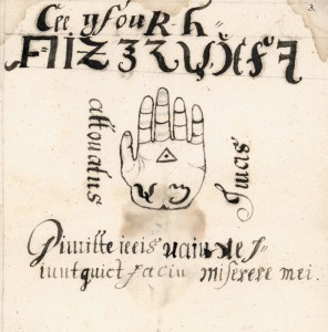 Die Zeichnung in einem alten Zauberbuch mit der Beschriftung „inimicus attonatus“ diente vielleicht als Hilfsmittel für einen Lähmungszauber und sollte möglicherweise nicht vorhandene Kinderhände ersetzen.