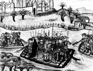 Soldaten auf dem Weg in die Türkenkriege in einer Miniatur aus Hektor Mülichs Chronik aus dem Jahr 1456.