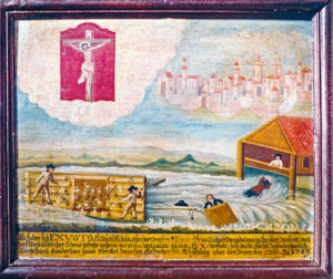 Eine glückliche Rettung aus Todesgefahr stellt das Votivbild aus dem Jahr 1749 dar, das der Schreinermeister Joseph Echtler nach einem Floßunglück stiftete.